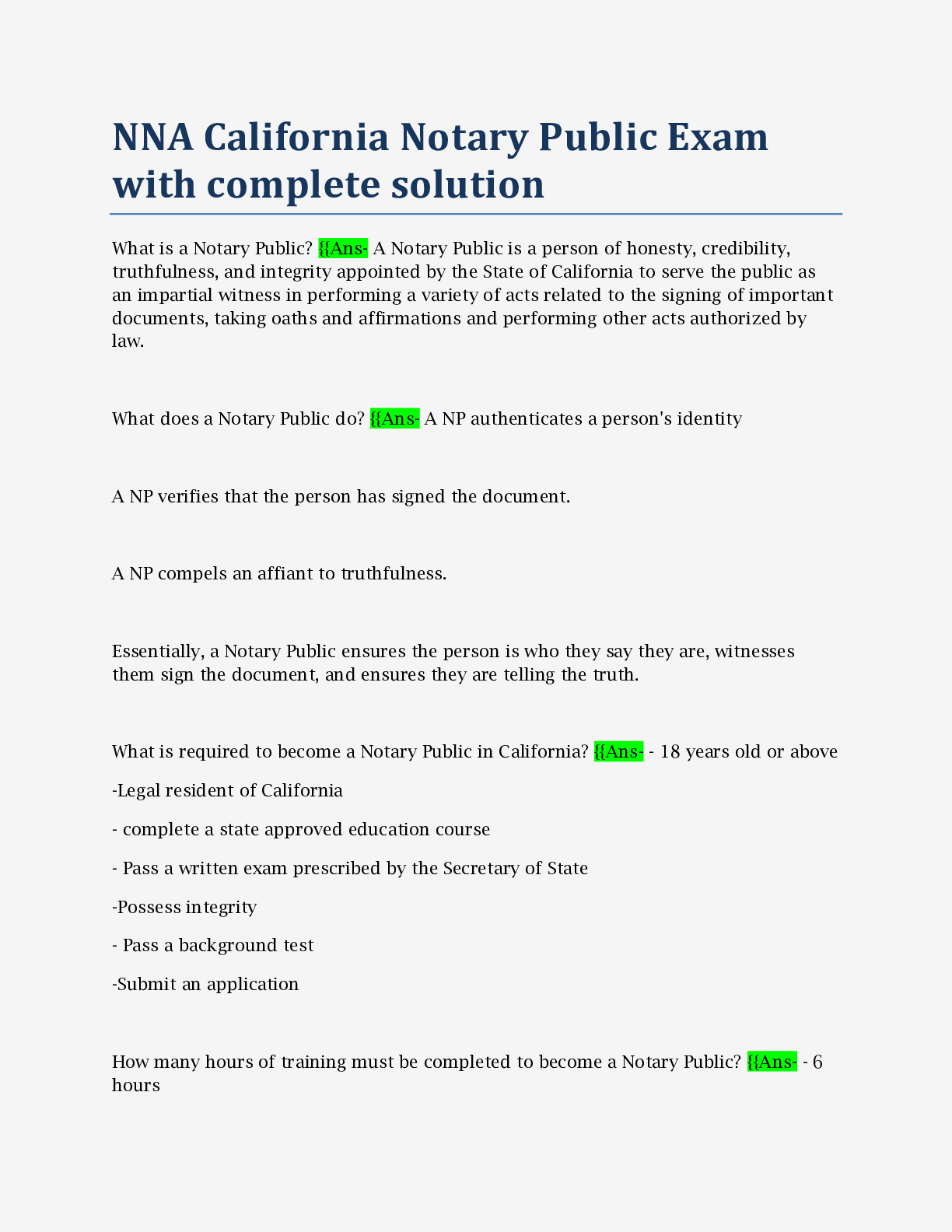 NNA California Notary Public Exam with complete solution